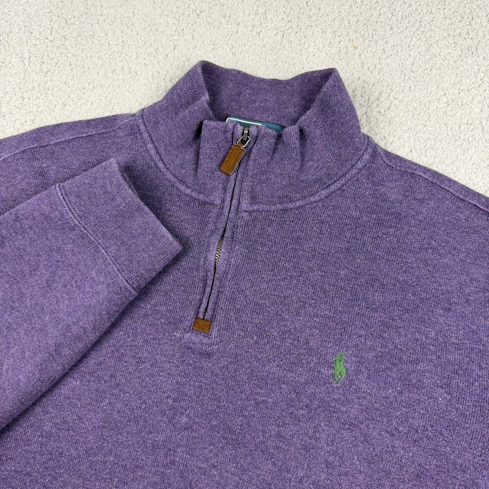 Polo Ralph Lauren Sweater Large Purple 1/4 Zip Mock Neck Pullover Green Pony